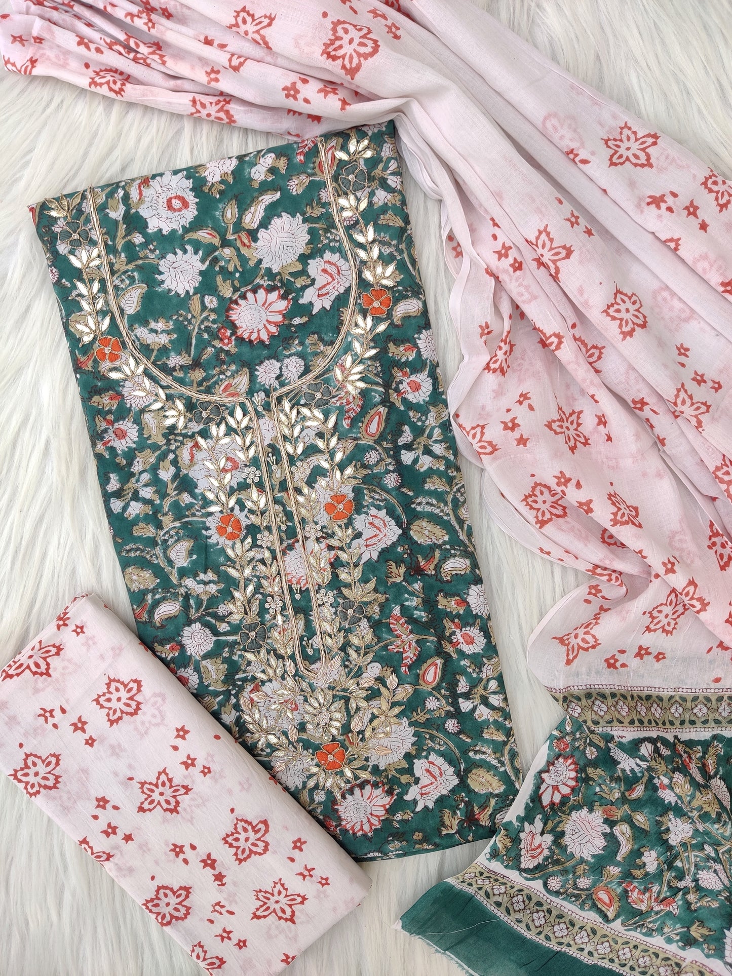 FLORAL PRINTED COTTON GOTA PATTI SUIT WITH COTTON DUPATTA