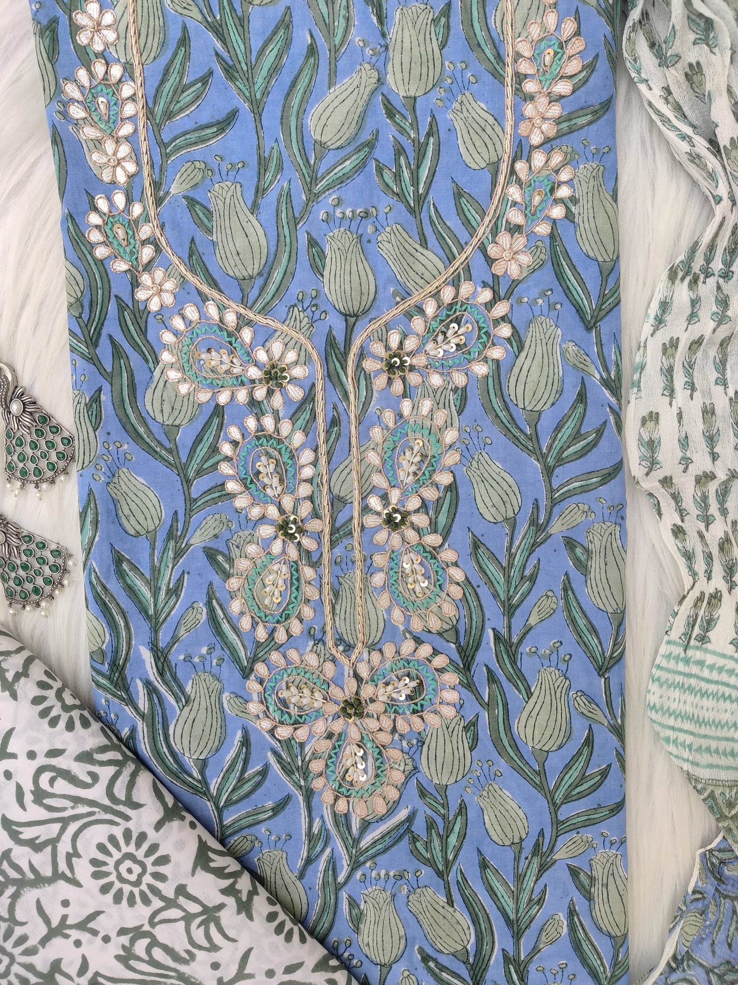 FLORAL PRINTED COTTON GOTA PATTI SUIT WITH CHIFFON DUPATTA