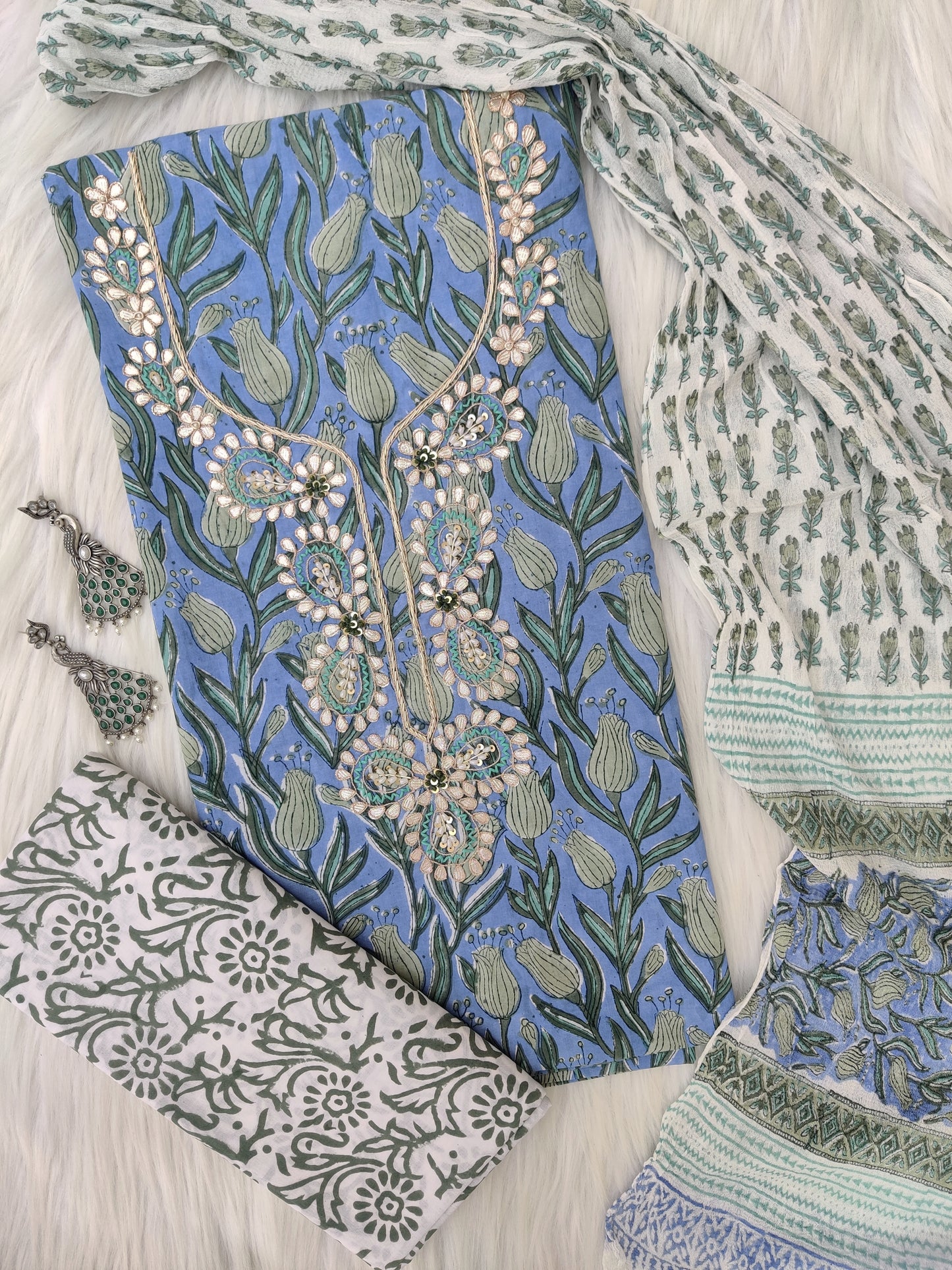 FLORAL PRINTED COTTON GOTA PATTI SUIT WITH CHIFFON DUPATTA