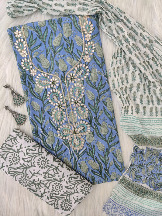 FLORAL PRINTED COTTON GOTA PATTI SUIT WITH CHIFFON DUPATTA