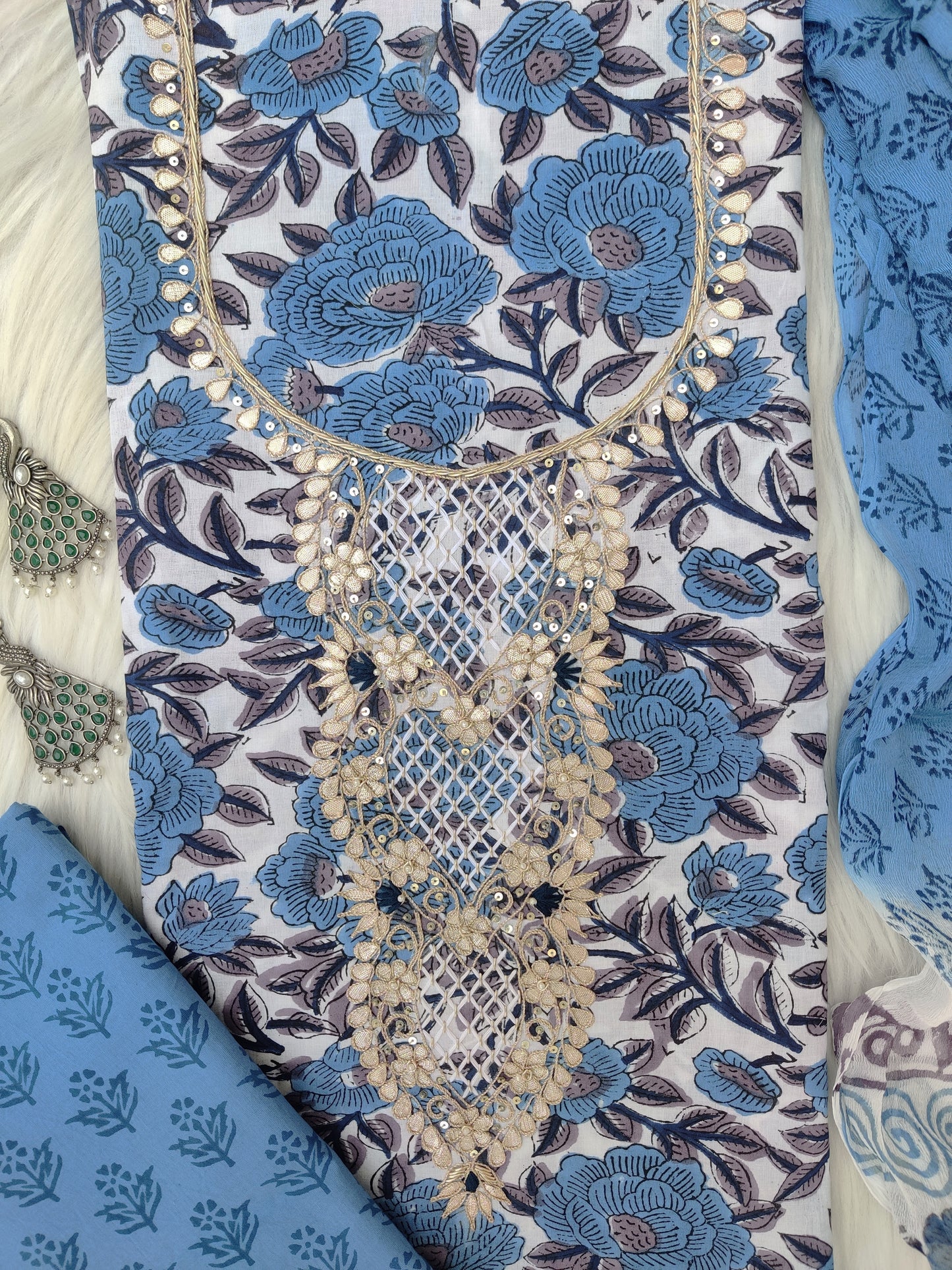 FLORAL PRINTED COTTON GOTA PATTI SUIT WITH CHIFFON DUPATTA