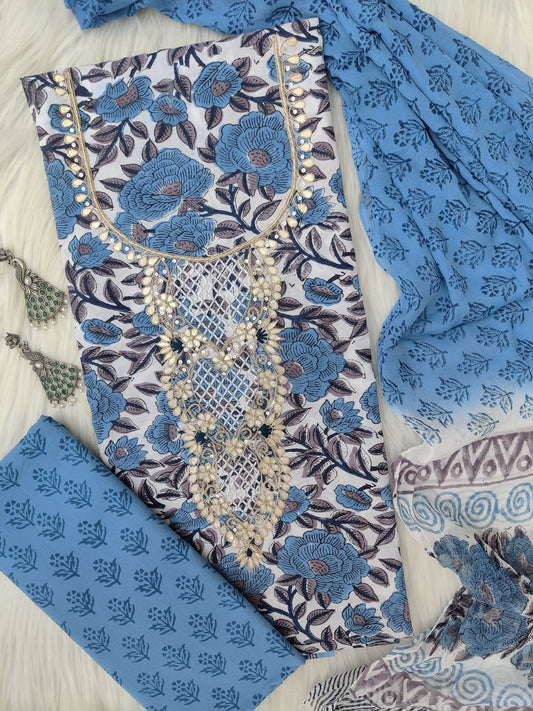 FLORAL PRINTED COTTON GOTA PATTI SUIT WITH CHIFFON DUPATTA