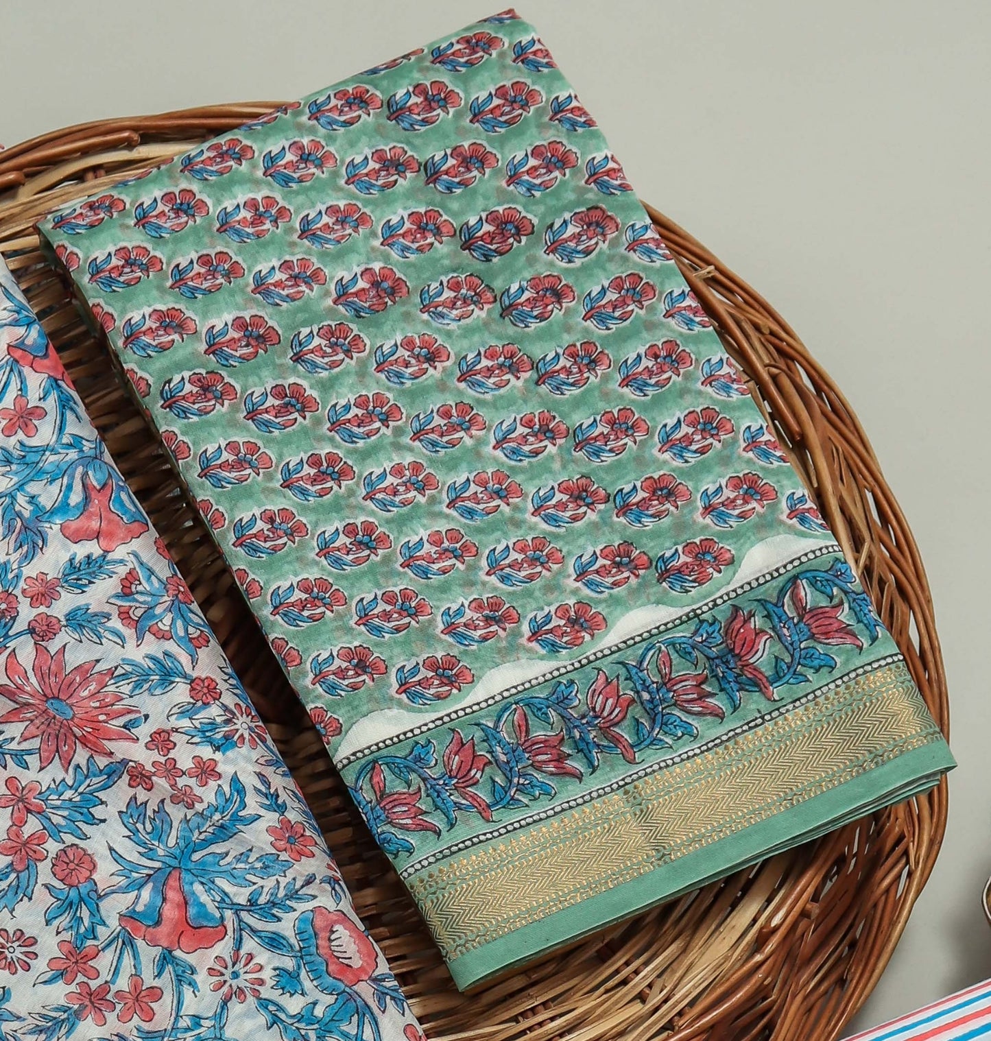 Hand Block Printed Maheshwari Silk Suit with Maheshwari Silk Dupatta