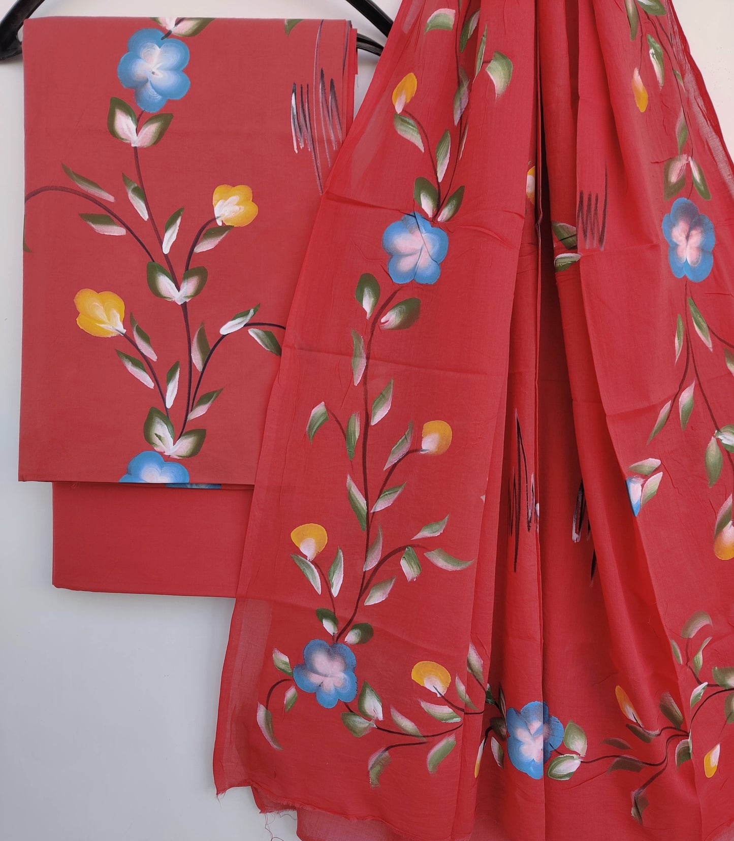 Hand Block Printed Unstitched Cotton Suit with Mulmul Dupatta