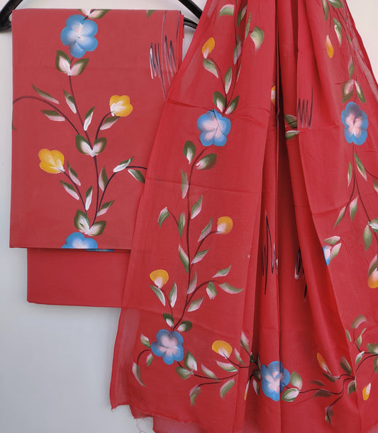 Hand Block Printed Unstitched Cotton Suit with Mulmul Dupatta
