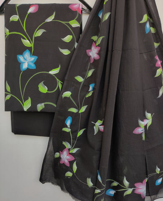 Hand Block Printed Unstitched Cotton Suit with Mulmul Dupatta
