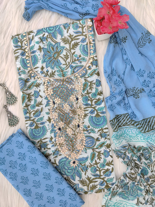 FLORAL PRINTED COTTON GOTA PATTI SUIT WITH CHIFFON DUPATTA