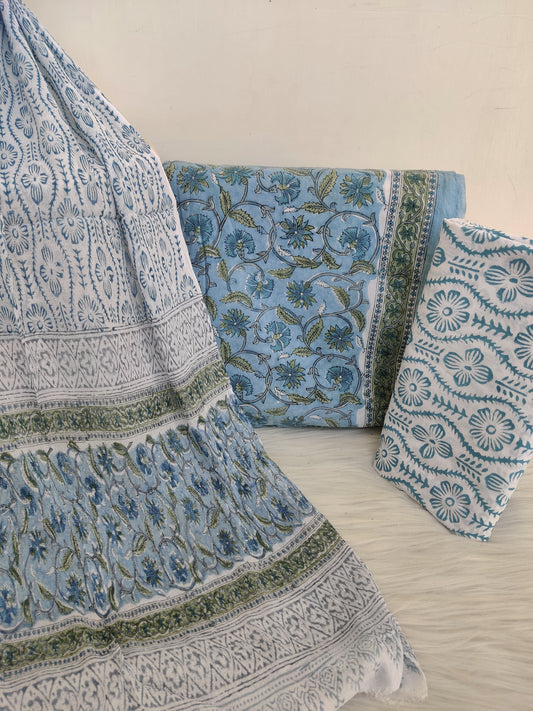 Hand Block Printed Cotton Suit with Pure Chiffon dupatta