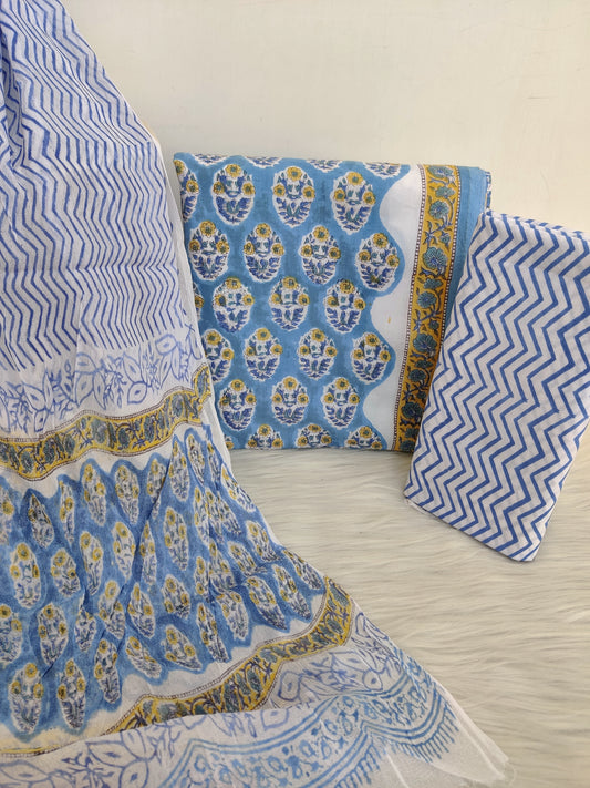 Hand Block Printed Cotton Suit with Pure Chiffon dupatta