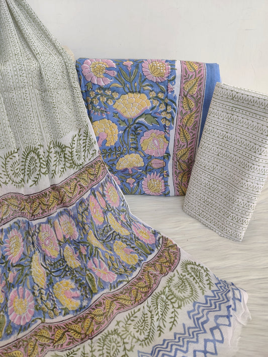 Hand Block Printed Cotton Suit with Pure Chiffon dupatta