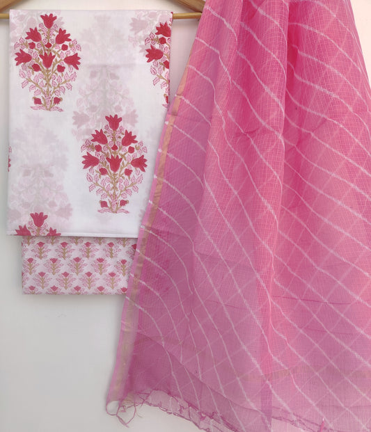 BLOCK PRINTED COTTON SUIT WITH LEHRIYA KOTA DORIA DUPATTA