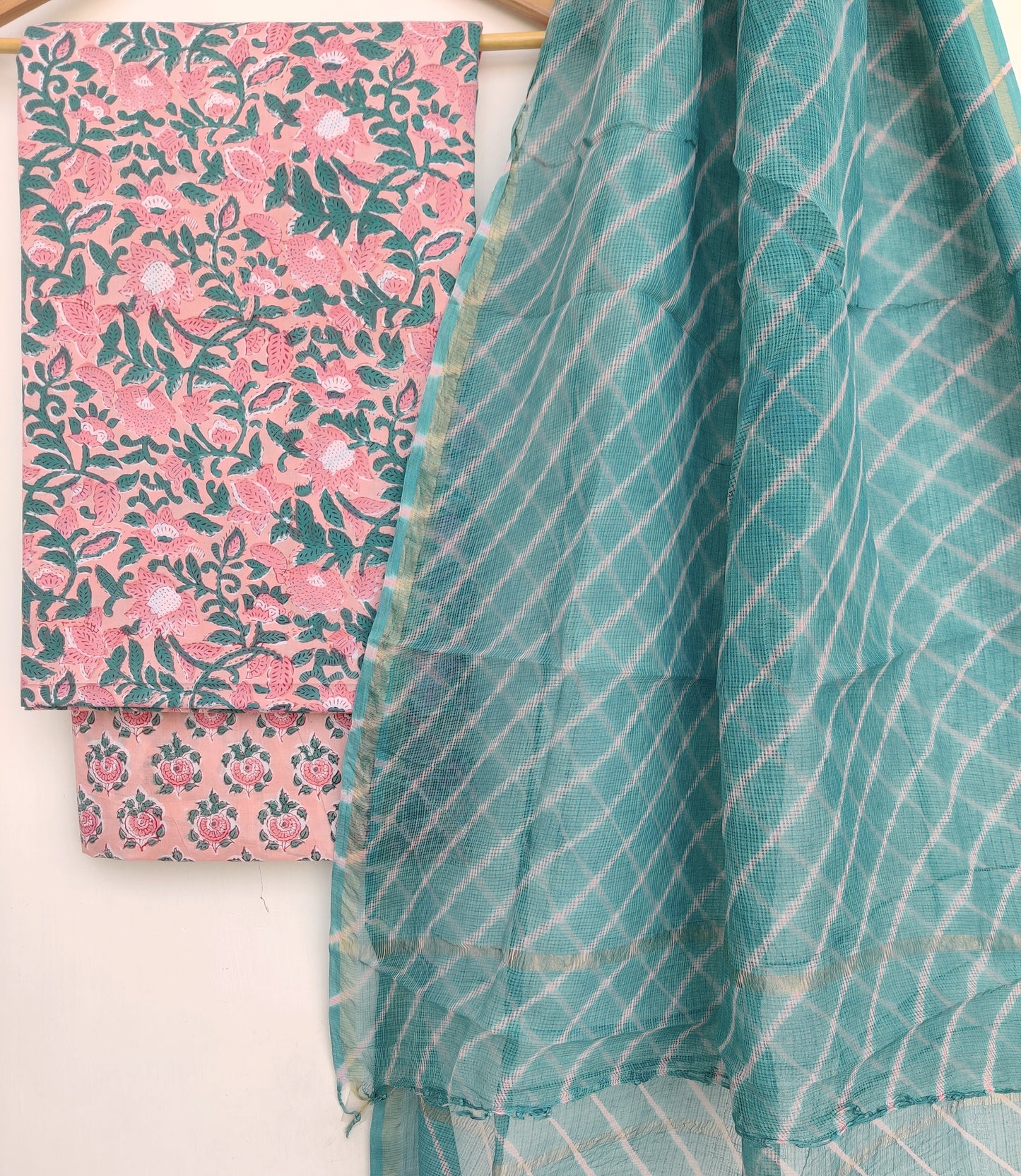 BLOCK PRINTED COTTON SUIT WITH LEHRIYA KOTA DORIA DUPATTA