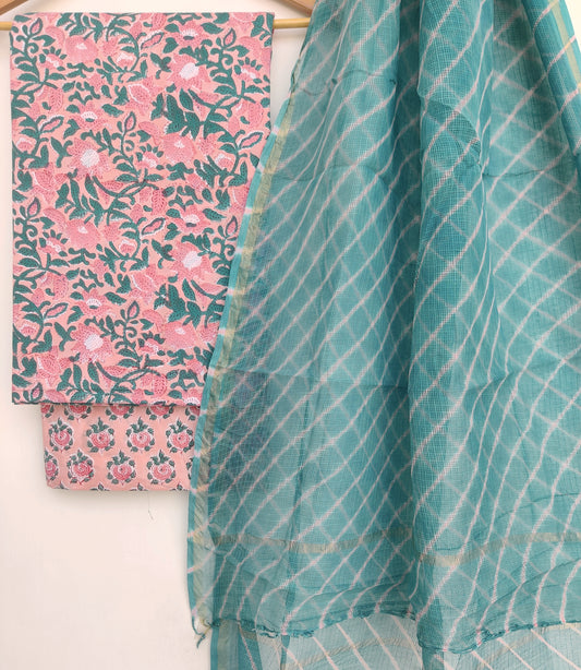 BLOCK PRINTED COTTON SUIT WITH LEHRIYA KOTA DORIA DUPATTA