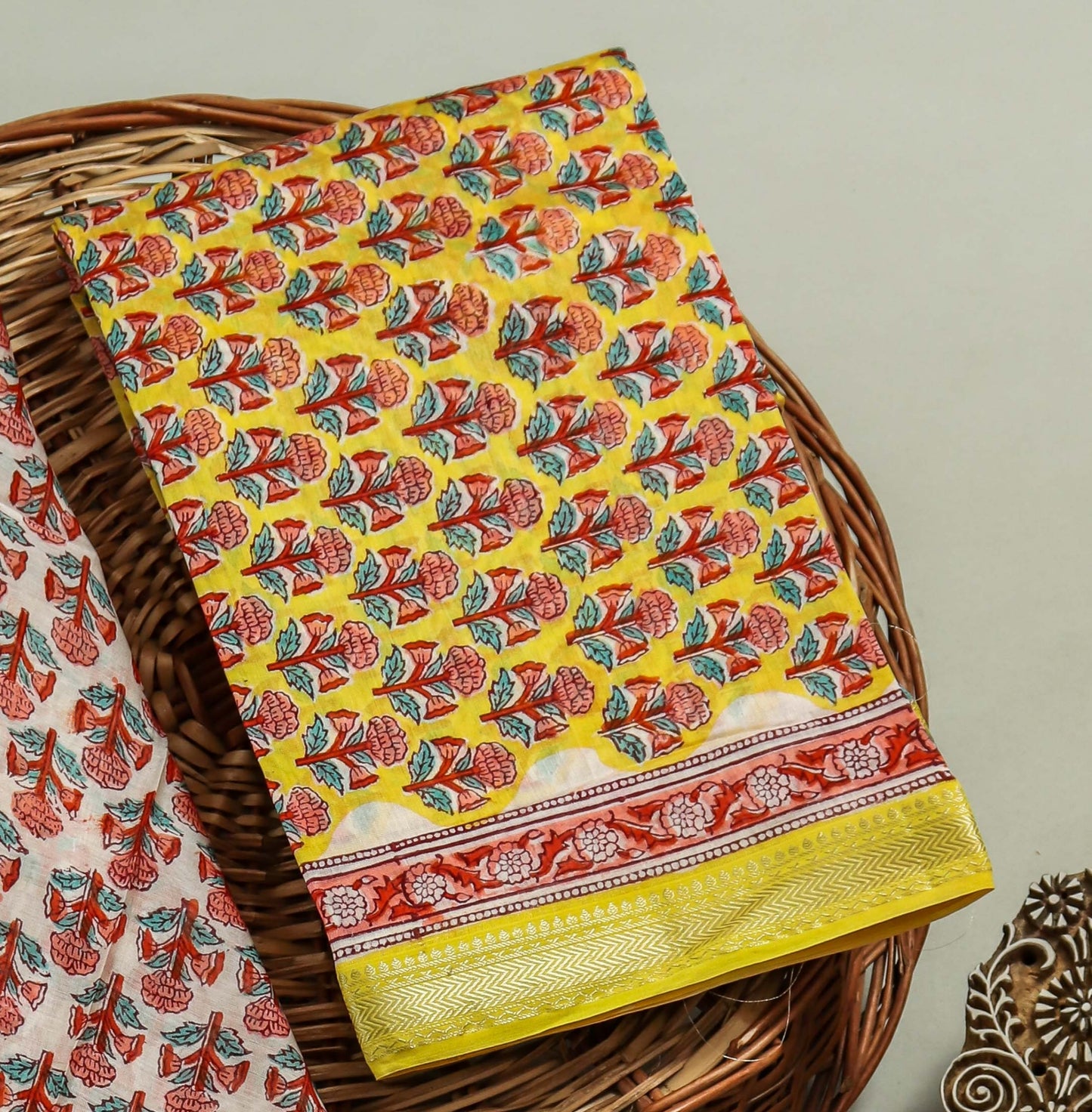 Hand Block Printed Maheshwari Silk Suit with Maheshwari Silk Dupatta