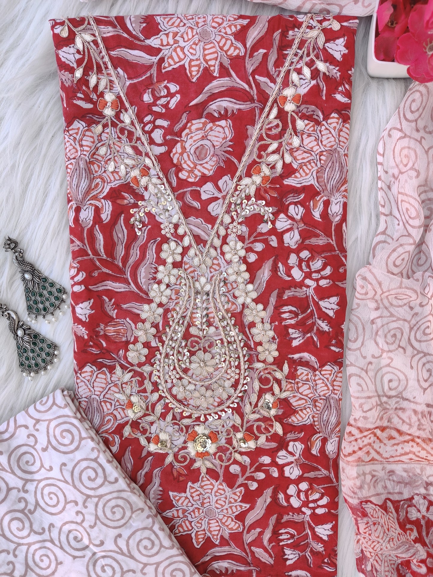 FLORAL PRINTED COTTON GOTA PATTI SUIT WITH CHIFFON DUPATTA