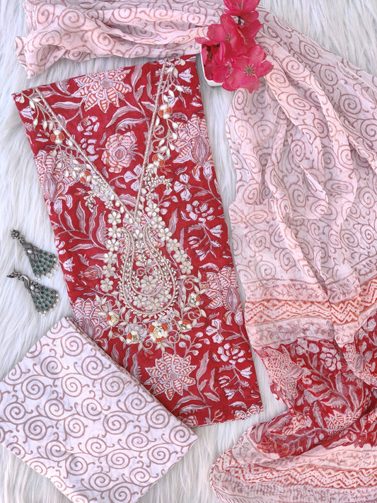 FLORAL PRINTED COTTON GOTA PATTI SUIT WITH CHIFFON DUPATTA