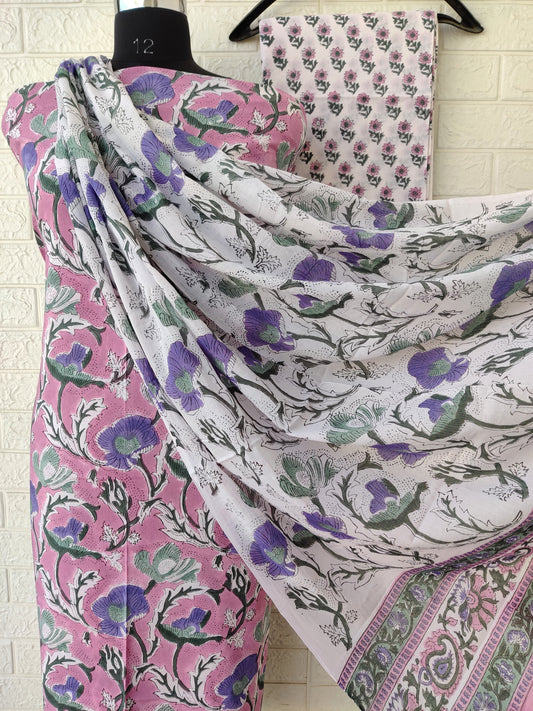 Hand Block Printed Cotton Suit with Cotton dupatta