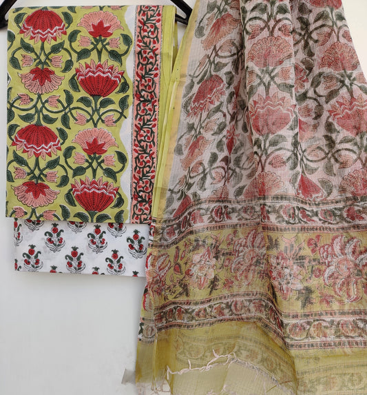 Hand Block Printed Cotton Suit with Kota Doria Dupatta