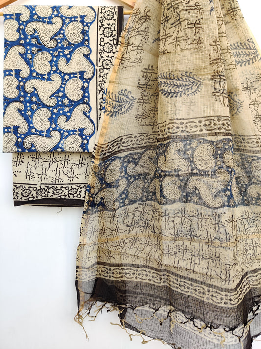 HAND BLOCK PRINTED COTTON SUIT WITH KOTA DORIA DUPATTA