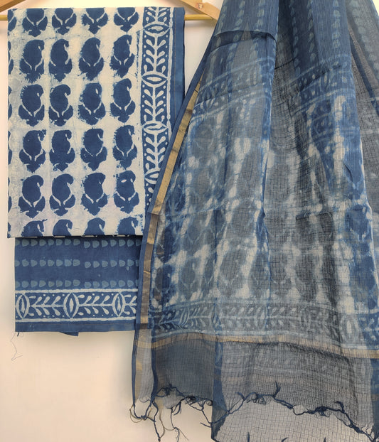 (INDIGO)HAND BLOCK PRINTED COTTON SUIT WITH KOTA DORIA DUPATTA