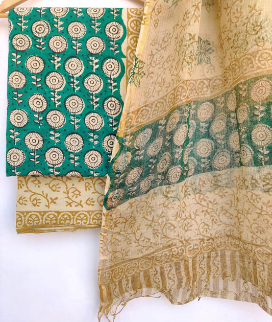HAND BLOCK PRINTED COTTON SUIT WITH KOTA DORIA DUPATTA