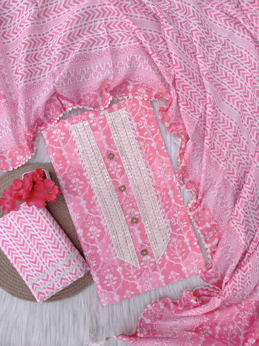 Cotton Printed Neck Work Suits with mulmul dupatta