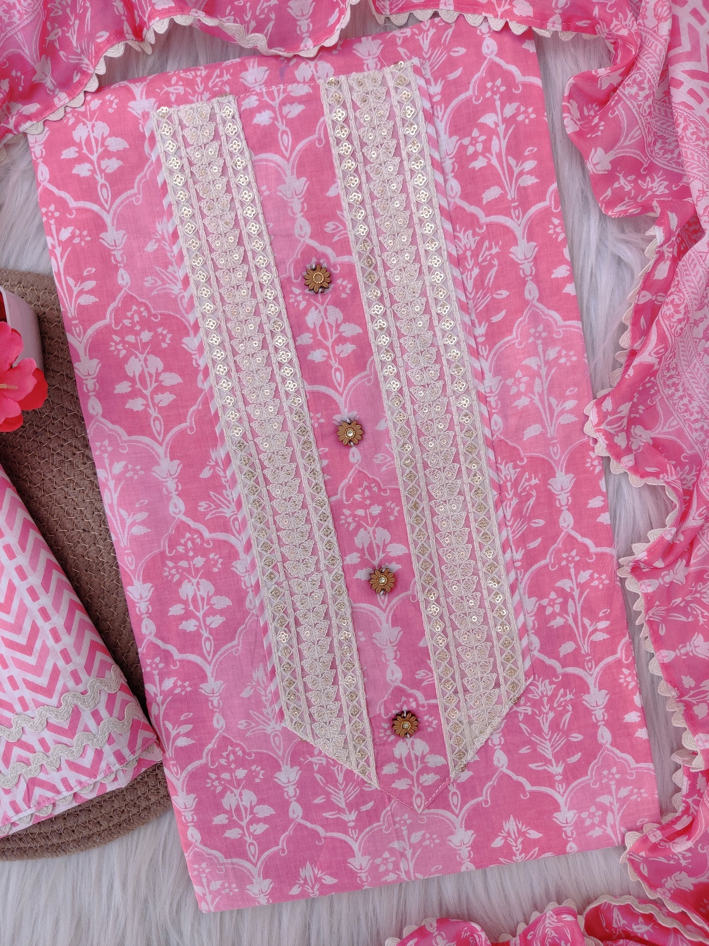 Cotton Printed Neck Work Suits with mulmul dupatta
