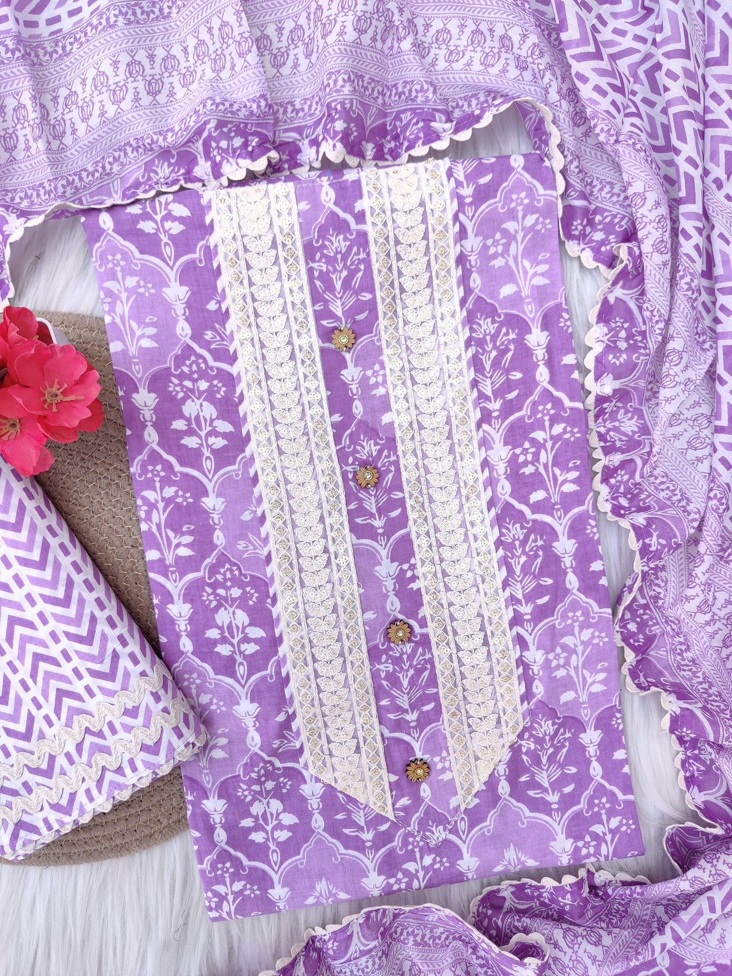 Cotton Printed Neck Work Suits with mulmul dupatta