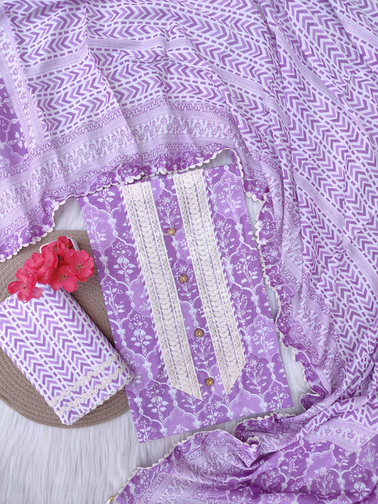 Cotton Printed Neck Work Suits with mulmul dupatta