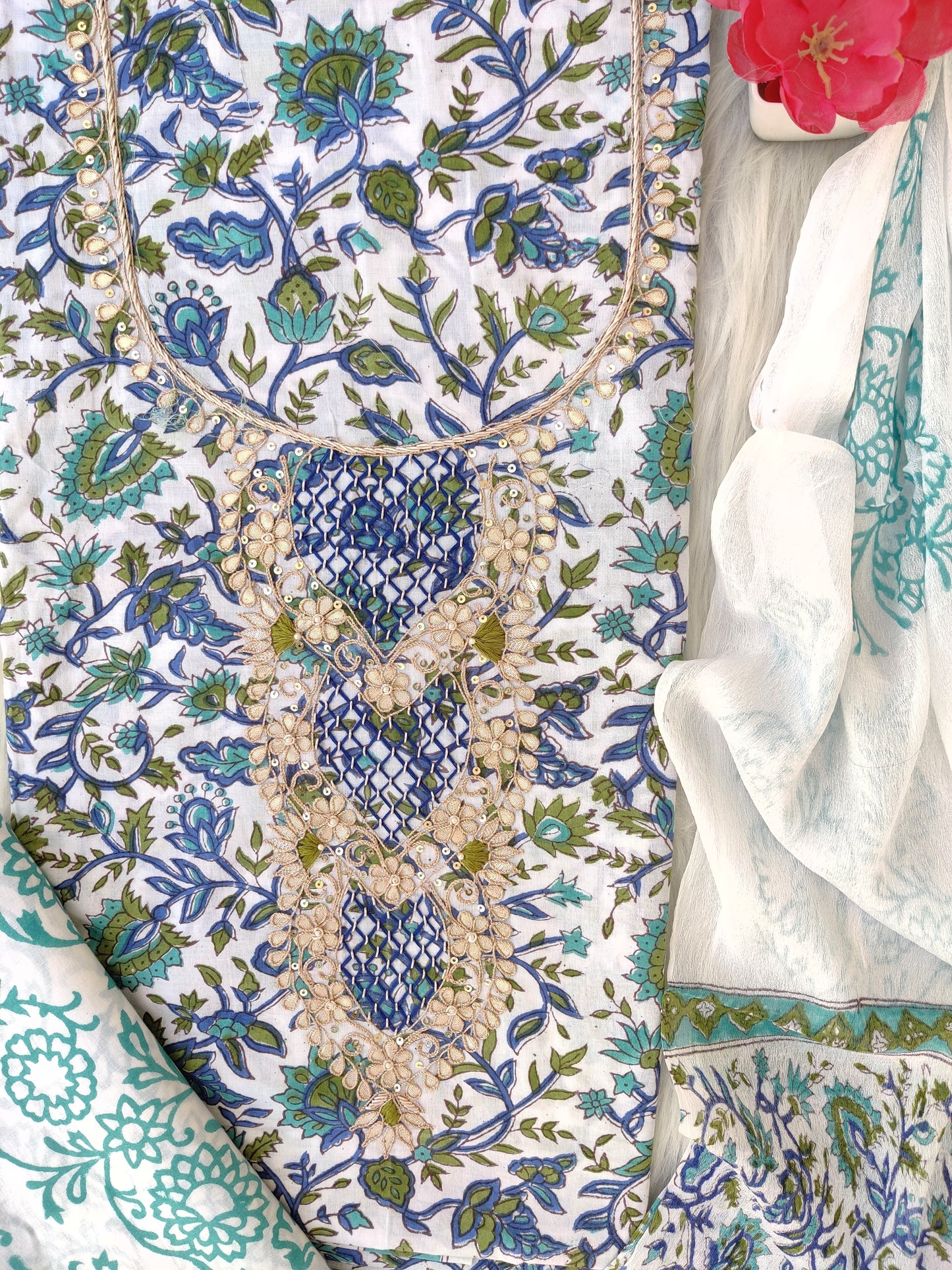 FLORAL PRINTED COTTON GOTA PATTI SUIT WITH CHIFFON DUPATTA