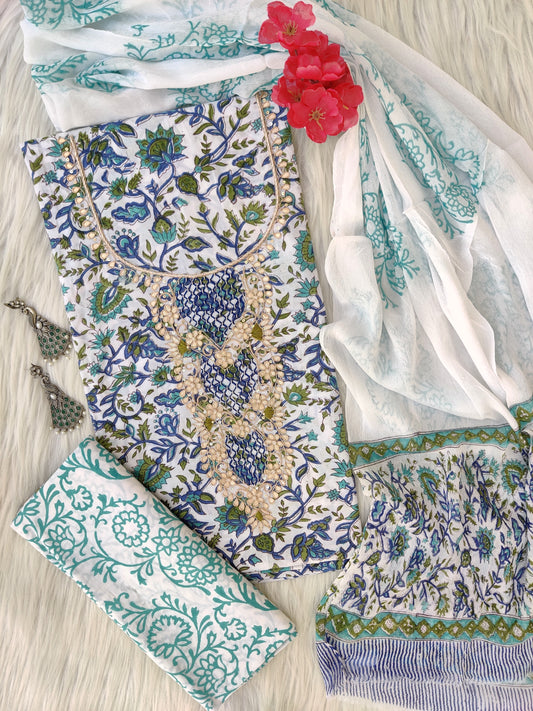 FLORAL PRINTED COTTON GOTA PATTI SUIT WITH CHIFFON DUPATTA