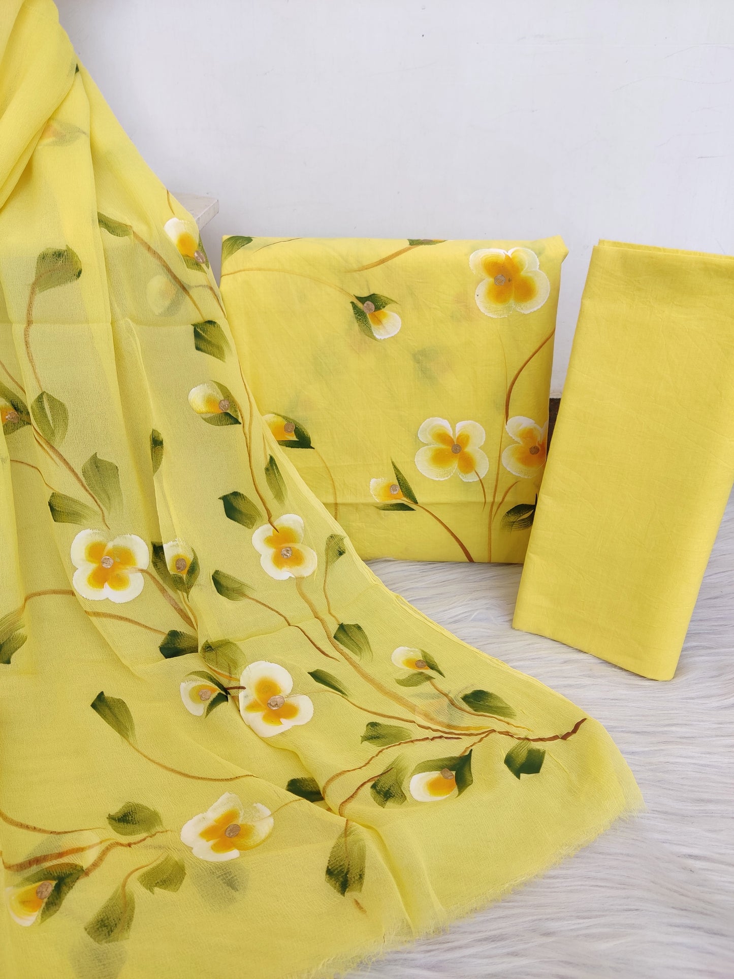 HAND PAINTED COTTON SUIT WITH PURE CHIFFON DUPATTA