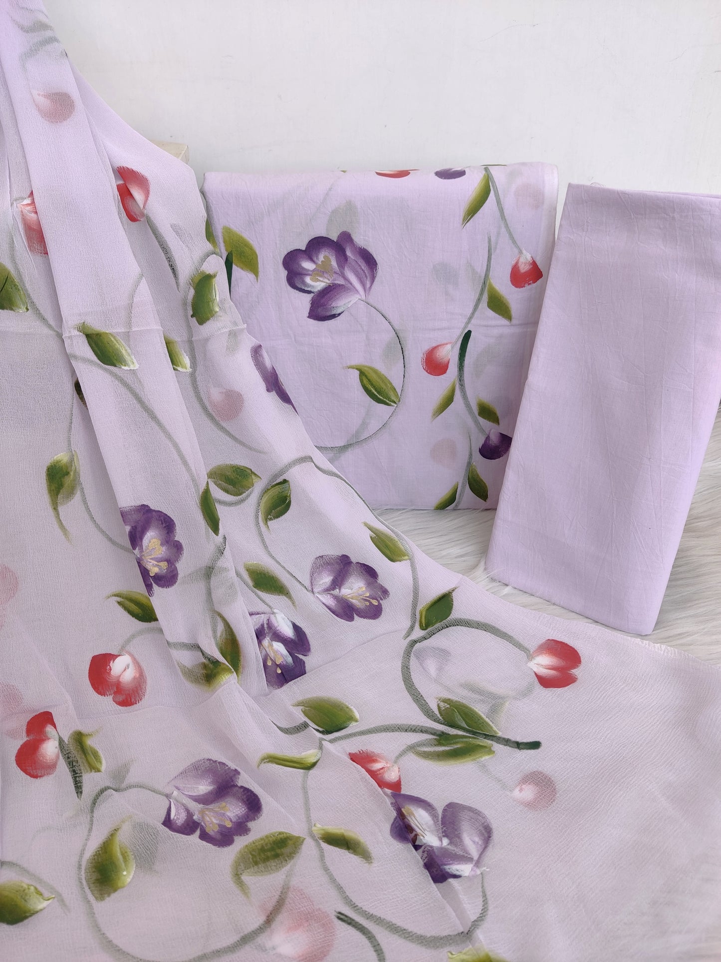 HAND PAINTED COTTON SUIT WITH PURE CHIFFON DUPATTA