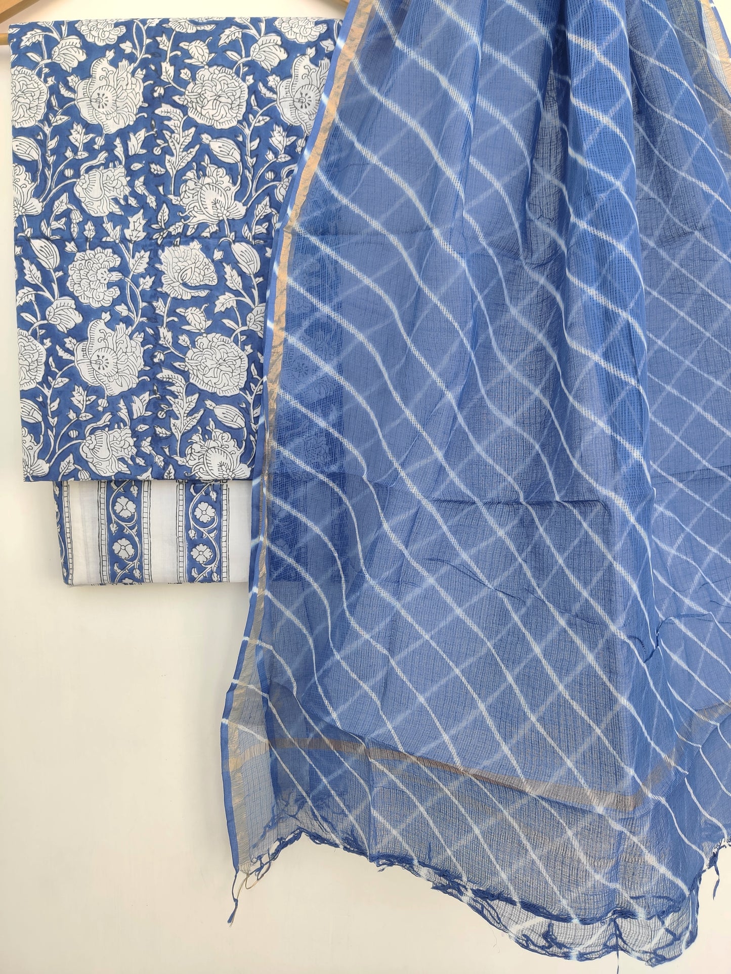 BLOCK PRINTED COTTON SUIT WITH LEHRIYA KOTA DORIA DUPATTA