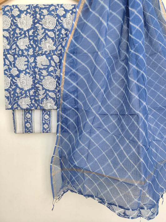BLOCK PRINTED COTTON SUIT WITH LEHRIYA KOTA DORIA DUPATTA