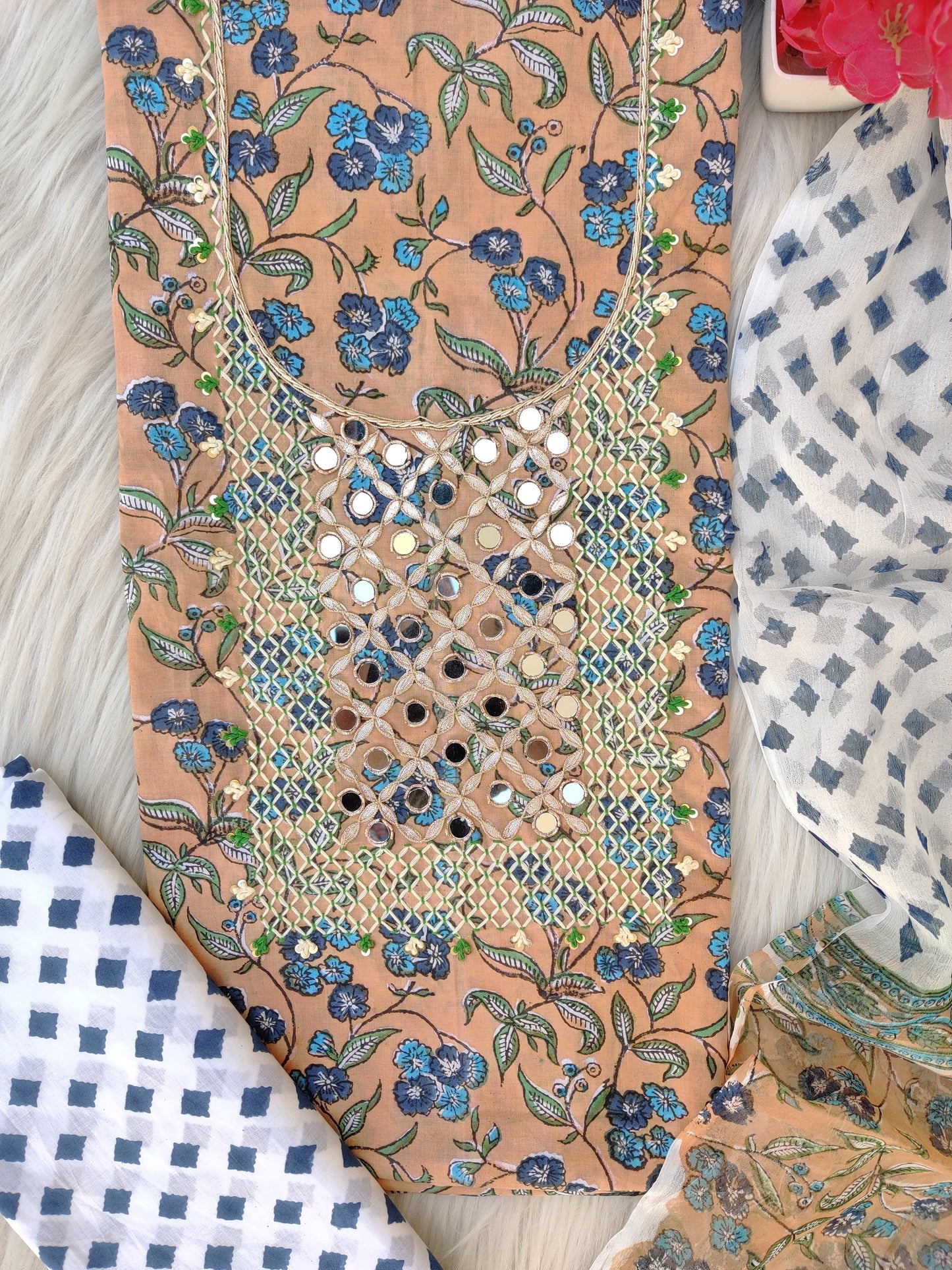FLORAL PRINTED COTTON GOTA PATTI SUIT WITH CHIFFON DUPATTA
