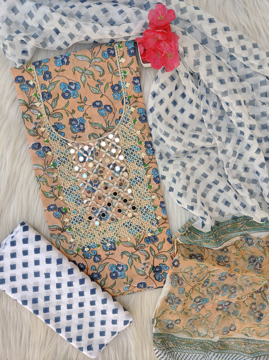 FLORAL PRINTED COTTON GOTA PATTI SUIT WITH CHIFFON DUPATTA