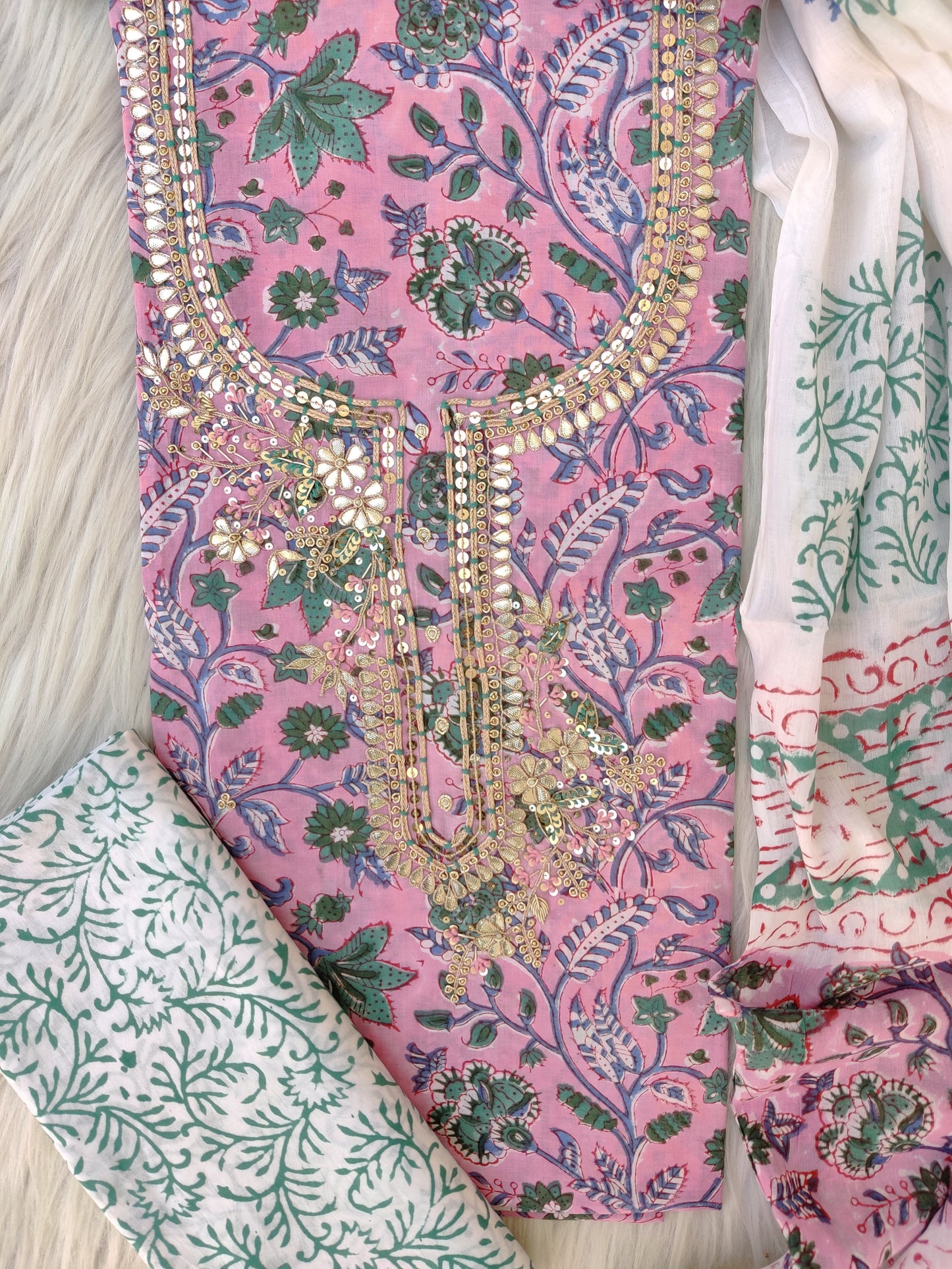 FLORAL PRINTED COTTON GOTA PATTI SUIT WITH COTTON DUPATTA