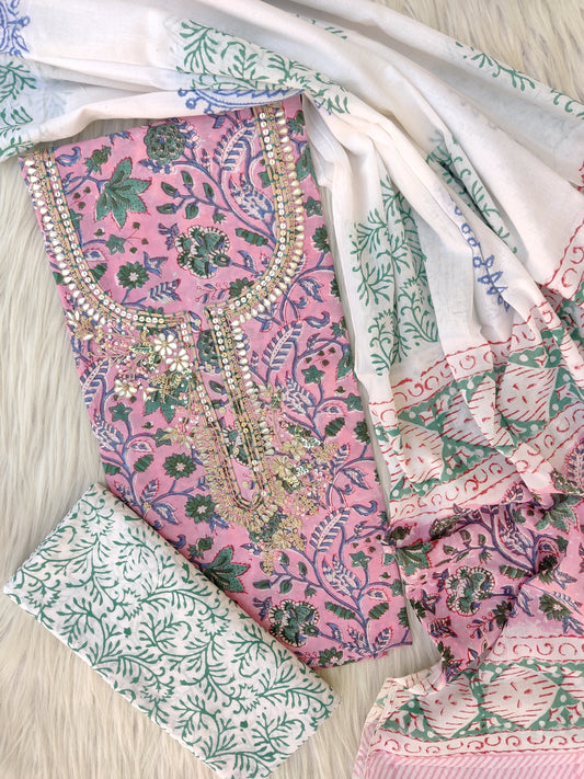 FLORAL PRINTED COTTON GOTA PATTI SUIT WITH COTTON DUPATTA