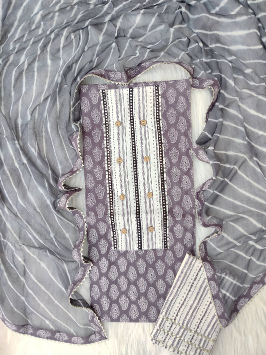 (SALE) Cotton Printed Neck Work Suits with Chiffon dupatta