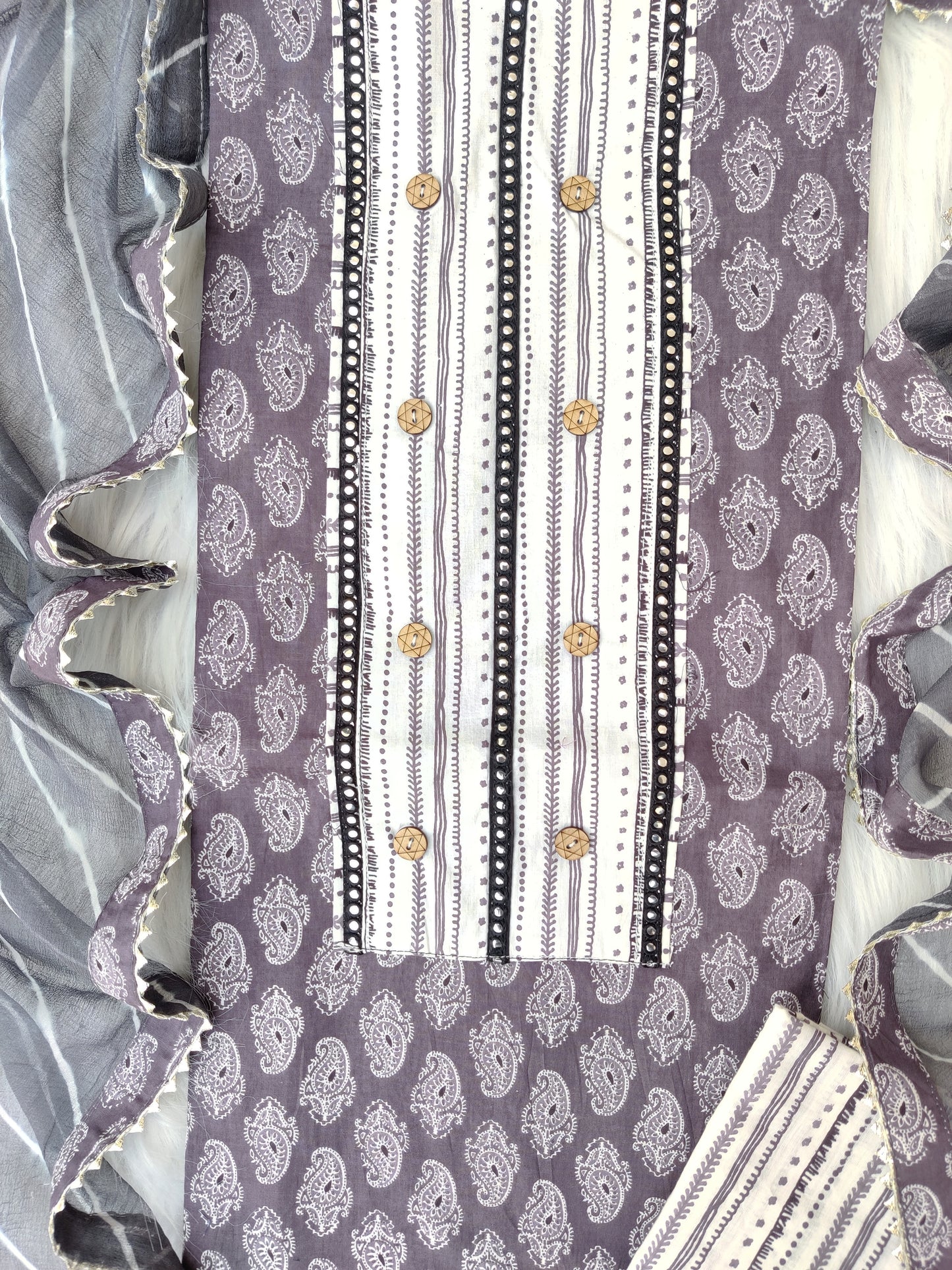 (SALE) Cotton Printed Neck Work Suits with Chiffon dupatta