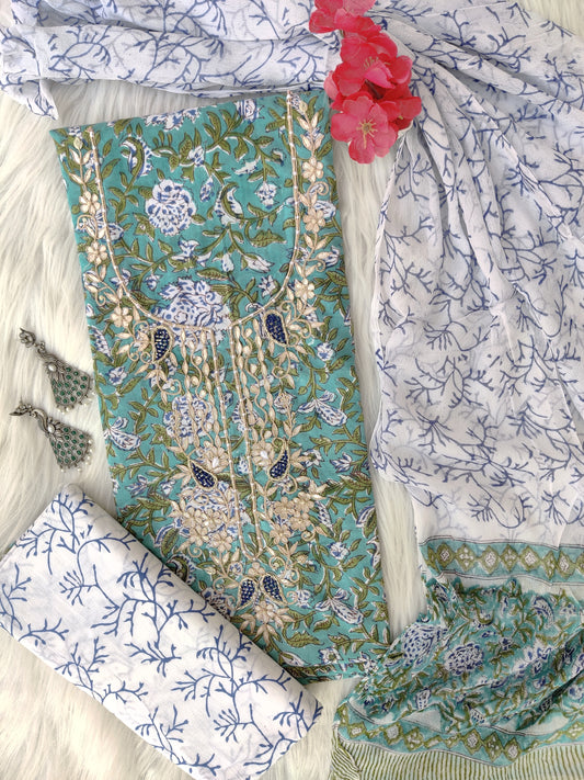 FLORAL PRINTED COTTON GOTA PATTI SUIT WITH CHIFFON DUPATTA