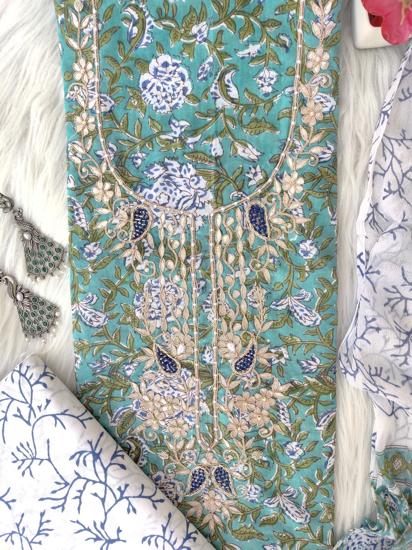 FLORAL PRINTED COTTON GOTA PATTI SUIT WITH CHIFFON DUPATTA