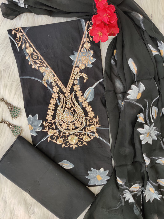 FLORAL PRINTED COTTON GOTA PATTI SUIT WITH CHIFFON DUPATTA