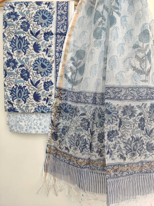 Hand Block Printed Cotton Suit with Kota Doria Dupatta