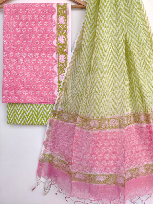 Hand Block Printed Cotton Suit with Cotton Kota Doria dupatta