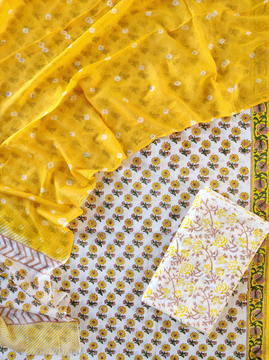 Hand Block Printed Cotton Suits with Mulmul Bandhej Dupatta