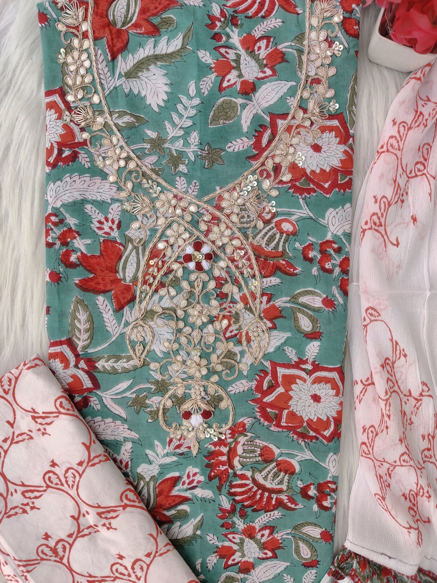 FLORAL PRINTED COTTON GOTA PATTI SUIT WITH CHIFFON DUPATTA
