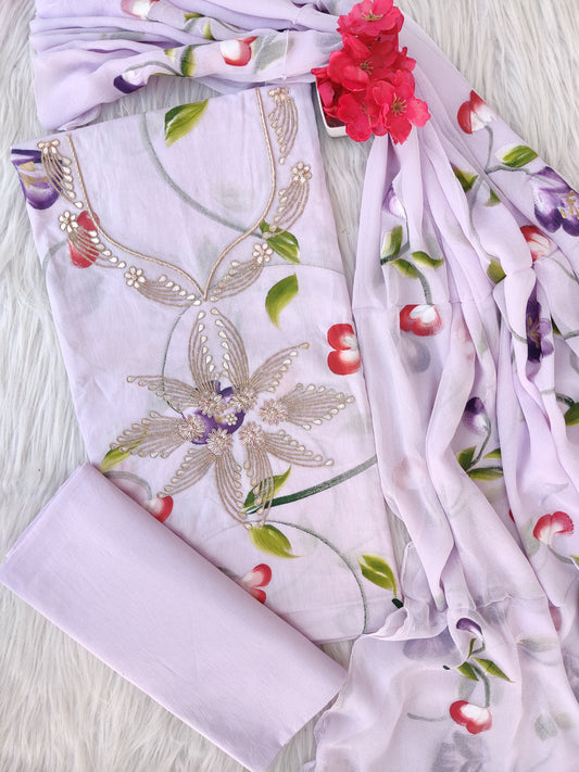 FLORAL PRINTED COTTON GOTA PATTI SUIT WITH CHIFFON DUPATTA