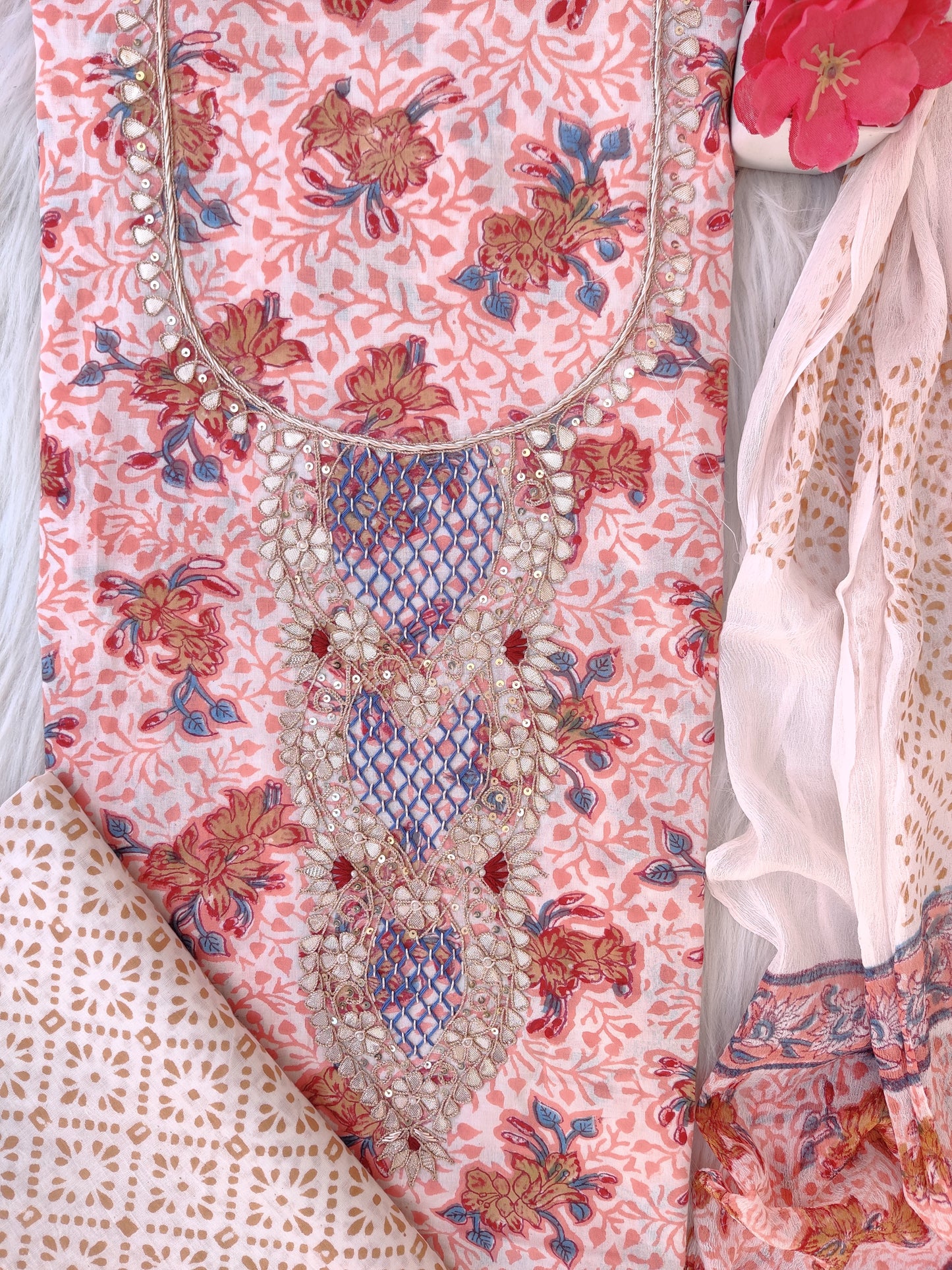 (SALE) FLORAL PRINTED COTTON GOTA PATTI SUIT WITH CHIFFON DUPATTA